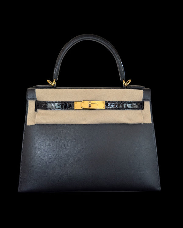 Kelly 28 Touch - Noir Veau Madame /Crocodile Niloticus GHW CC